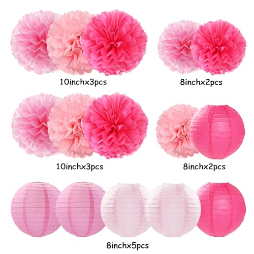 Light-Hot Pink Party-Decorations Paper-Flowers Lanterns - 15pcs Graduation Girl Birthday Decor Tissue Pom Poms Streamers, ...