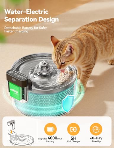 FEELNEEDY Wireless Cat Water Fountain - Safe Water-Electricity Separation, 3.5L Stainless Steel, 4000mAh Battery, XL Filte...