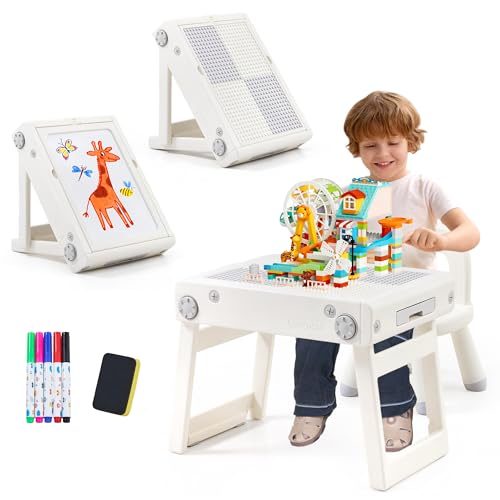 JooKiddie Toddler Table and Chair Set, Foldable Building Block Table for Kids, Double-Sided Drawing & Building Kids Activi...
