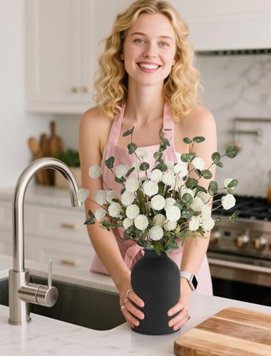 BLOSMON Fake Flowers in Vase for Centerpieces: Metal Vase with 12 Stems of Artificial Mums Kiku Flowers Eucalyptuses Home ...