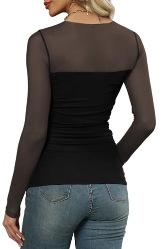 XIEERDUO Women's Sexy Sheer Long Sleeve Tops Crew Neck Mesh Ruched Going Out Shirts Blouse Date Night Outfits