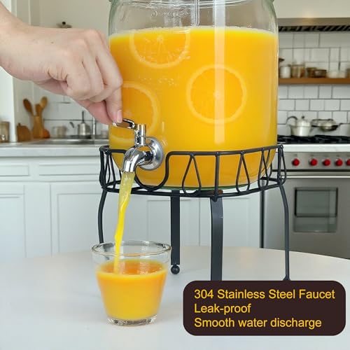 Glass Drink Dispensers for Parties, Beverage Dispenser with Stand, Ice Cylinder and Stainless Steel Spigot 100% Leakproof,...