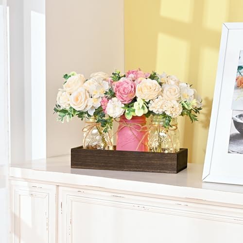BLEUM CADE Centerpiece Table Decorations - 3Pcs Roses Artificial Flowers in Mason Jars with Wood Tray for Dining Table Cof...