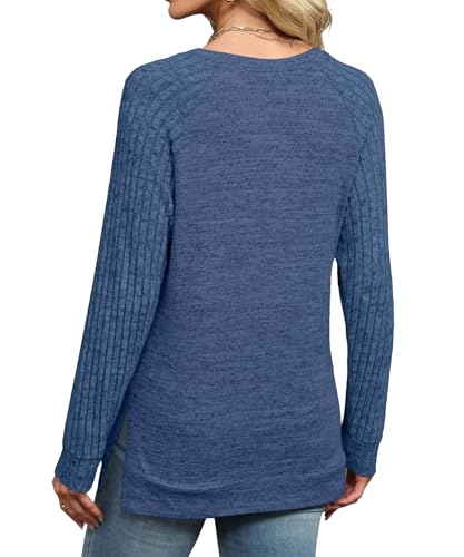 JomeDesign Long Sleeve Shirts for Women Crew Neck Sweatshirts Lightweight Sweaters Side Split Loose Casual Blouses