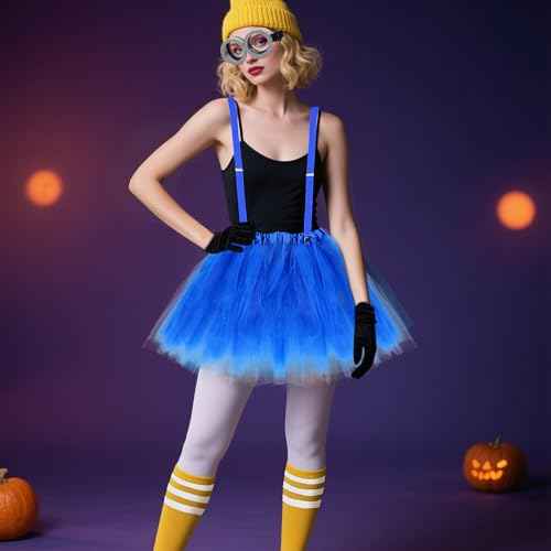 Halloween Costume Adult Accessories, 6 Pcs Yellow Beanie Hats with Gloves Steampunk Goggles Glasses Skirt Suspender Socks for Adults Halloween Dress up for Men Women Girls Boys Party Cosplay Set