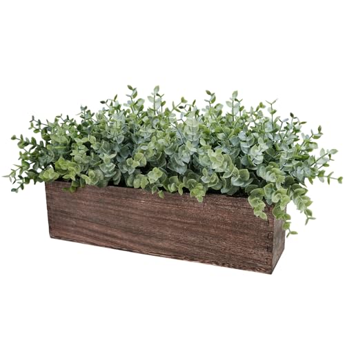 Winlyn 14" Artificial Eucalyptus in Rectangular Wood Planter Box Faux Plants Arrangement Centerpiece Wooden Potted Eucalyp...