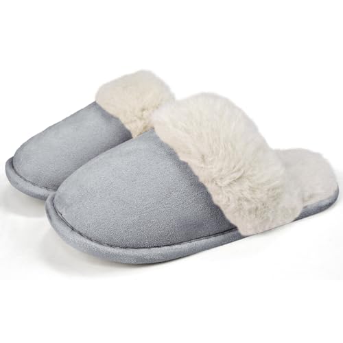 Women's Memory Foam Fuzzy Slippers Fluffy Plush Indoor Outdoor Non-Slip Thin Sole Winter House Shoes