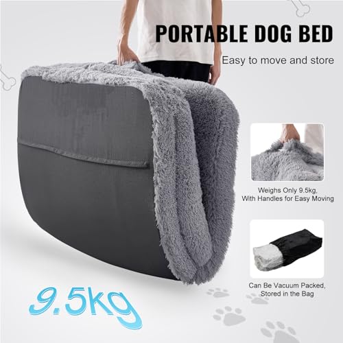 VEVOR Foldable Human Dog Bed, 72"x48"x10" Giant Human Sized Dog Bed with Washable PV Velvet Cover, Egg Orthopedic Foam, Storage Pocket, for You and Pet, Grey