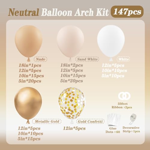 147pcs Neutral Balloon Garland Arch Kit, Different Sizes with Beige Cream Sand White Metallic Champagne Gold Balloons for ...