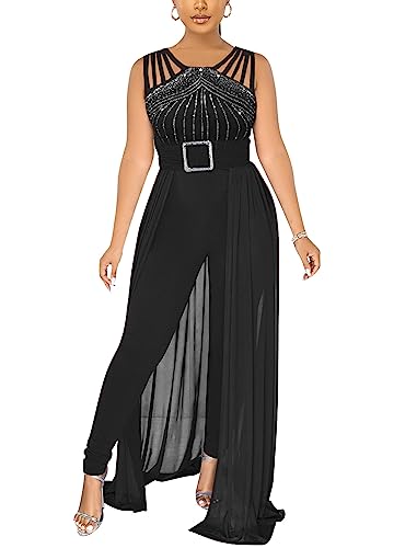 chicyes Womens One Piece Elegant Overlay Jumpsuit Dressy Sexy Bodycon Formal Sleeveless Rhinestone Romper Party Outfits