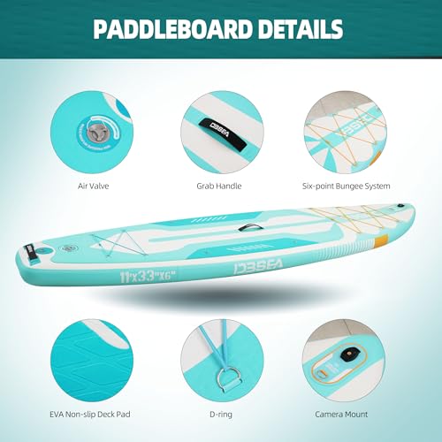 D3SEA 11 ft Inflatable Paddle Board with SUP Accessories, Non Slip EVA Deck, Extra Long Extra Wide iSUP, All Around Stand ...
