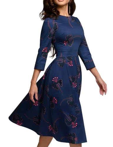 Simple Flavor Women's Floral Vintage Dress Elegant Midi Evening Dress 3/4 Sleeves