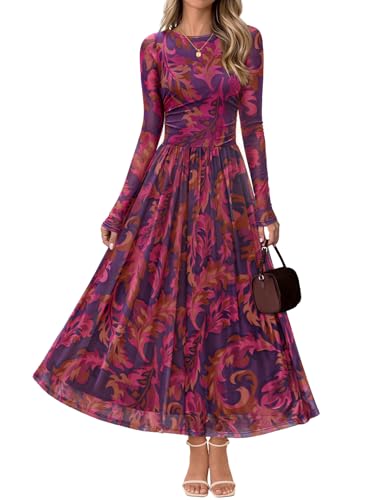 MEROKEETY Women's Long Sleeve Spring Wedding Guest Dress 2026 Crewneck Floral Flowy Mesh Cocktail Maxi Dresses