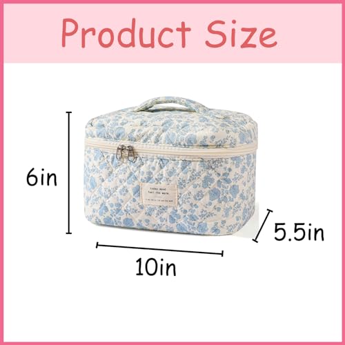 uekeboag Large Travel Quilted Makeup Bag for Women, Floral Cotton Cosmetic Bag, Coquette Aesthetic Floral Toiletry Organiz...