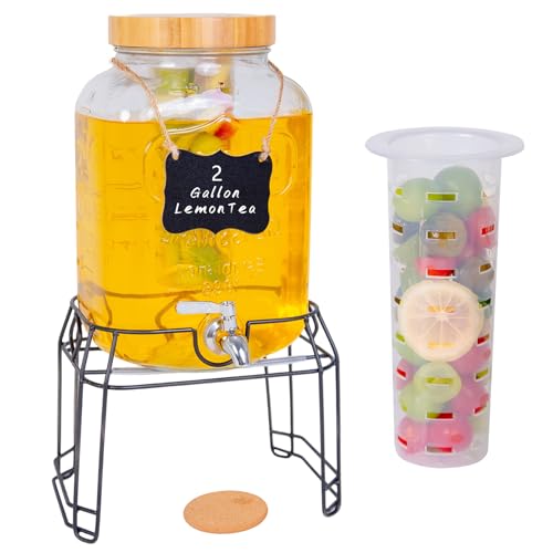 Roemey 2 Gallon Glass Drink Dispenser with Stand,Stainless Steel Leakproof Spigot &Bamboo Lid& Labels& Fruit Infuse, Large...