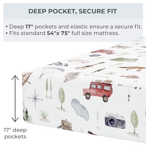 Pobibaby Premium Full Bed Sheet Set – Kids Double Bed Sheets in Cotton Blend | Ultra-Soft Woodland Camping Print with Fitt...