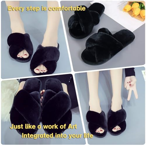 Women Fuzzy Fluffy Furry Slippers Fur Flip Flop Open Toe Slippers Cross Band Shoes Slides for Ladies House Home Indoor Out...