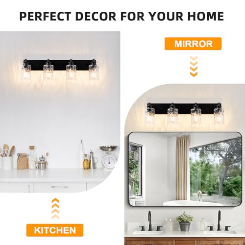 AMRUIPO 4 Light Bathroom Vanity Light Modern Black Bathroom Light Fixtures Over Mirror with Hammered Glass Lampshade for Kitchen Hallway