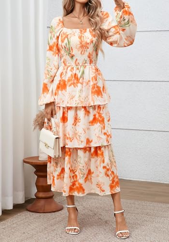 BTFBM Spring Dresses for Women 2026 Floral Long Sleeve Smocked Square Neck Ruffle Tiered Flowy Party Wedding Guest Dress