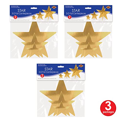 Beistle Gold 3-D Foil Star Centerpieces, 9-Count – Metallic Starry Table Decorations in 3 Sizes for New Year’s Eve, Awards...