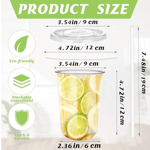 16oz Disposable Stemless Glasses with Flat Lids and Straws,PET Disposable Drinking Cups,Clear Plastic Wine Glasses for Par...