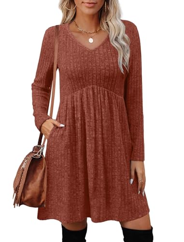 OFEEFAN Long Sleeve Sweater Dress Fall Dresses 2025 V Neck Empire Waist Baby Doll Dresses Women Casual Dress with Pockets