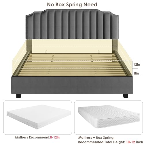 MaiDeHaoo Queen Size Lift Up Storage Bed with Headboard, Velvet Bed Frame with Headboard, Platform Bed with Lift Up Storage, Wood Slats Support, No Noise, Gray