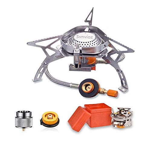 SVNVIOZ Camping Stove Windproof Backpacking Stove with Piezo Ignition, Plastic Storage Box, 2 Types Fuel Canister Adapter...