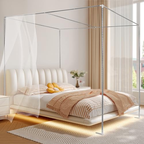 ZAWAYINE Canopy Bed Frame,Stainless Steel Four Corner Bed Canopy Poles Mosquito Net Frame Thickened Metal Canopy Frame Poles for Metal and Wood Bed Frames, Bedroom Decor Upgrade,59"x78"x78"(Queen)