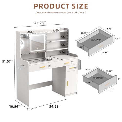 KATYGLORY Vanity Desk with Mirror and Adjustable LED Lights Makeup Vanity Table for Bedroom with Glass Tabletop Power Outlet Storage Bag 3 Drawers 1 Cabinet and 6 Storage Shelve,White
