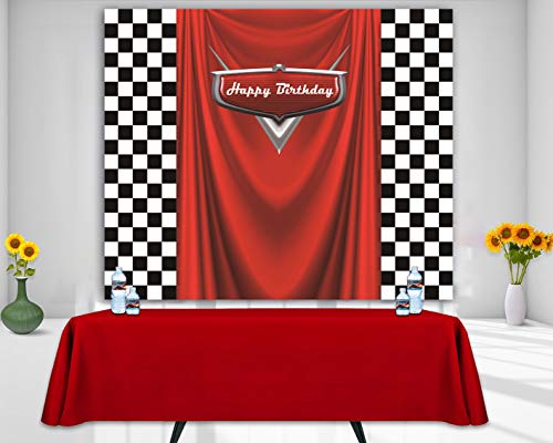 7x5ft Car Black White Grid Red Birthday Themed Backdrops Racing Flag Red Photo Backgrounds for Photography Happy Birthday ...