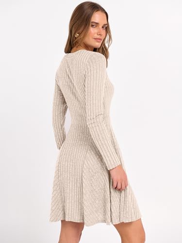 ANRABESS Women Long Sleeve Ribbed Knit Short Dresses 2026 Spring V Neck Casual Swing A Line Sweater Dress