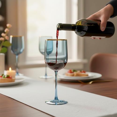 Blue Plastic Wine Glasses With Gold Rim - 12oz (5-Pack) Reusable, Disposable Cups for Parties and Events