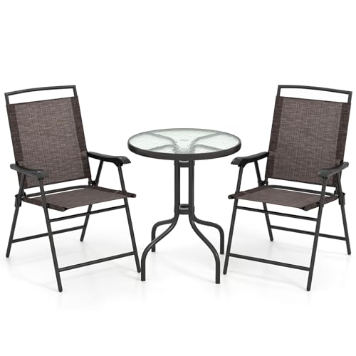 Goplus Patio Bistro Set, 3-Piece Patio Dining Furniture Set with Round Tempered Glass Table, 2 Foldable Chairs, Small Outd...