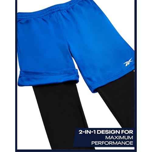 Reebok Boys Basketball Shorts - 2 Pack 2-in-1 Boys Athletic Shorts for Running with Compression Leggings Pockets & Drawstring
