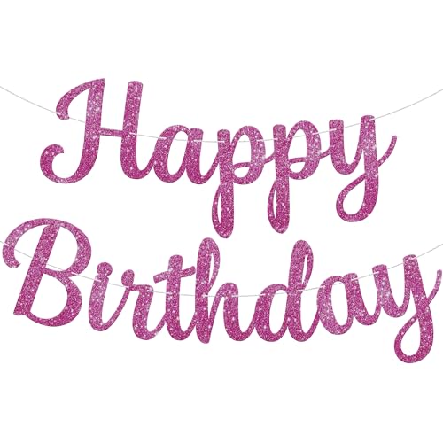 KatchOn, Glitter Hot Pink Cursive Happy Birthday Banner - Pre-Strung, 10 Feet | Birthday Decorations for Women, Girls | Hb...