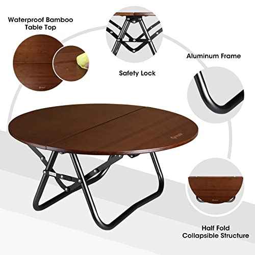 VILLEY Bamboo Round Folding Table, Camping Half-fold Portable Table with Carrying Bag for Indoor & Outdoor Picnic Coffee Barbecue Beach Card Game