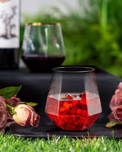 BESTSTAR 40 PCS Clear 12 Oz Plastic Wine Whiskey Glasses, Diamond Stemless Unbreakable Disposable Wine Glasses for Partie...