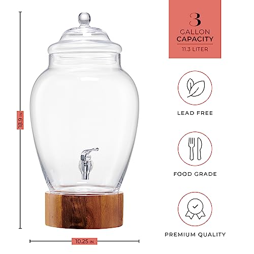 American Atelier Madera Beverage Dispenser Cold Drink Dispenser w/ 3-Gallon Capacity Glass Jug, Leak-Proof Acrylic Spigot ...