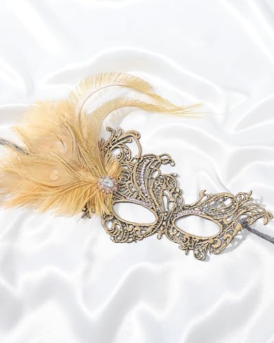 Zinniday Feather Masquerade Mask for Women - Halloween Lace Eyemask with Removable Peacock Feathers, Venetian Party Masks