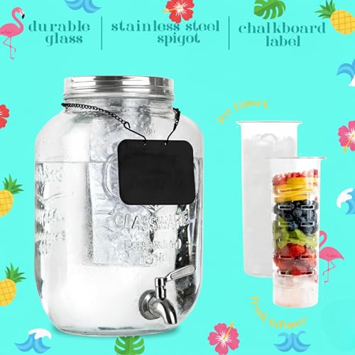 2 Gallon Extra Large Iced Beverage Dispenser with Ice & Fruit Infusers – Glass Mason Jar Drink & Beverage Container with S...