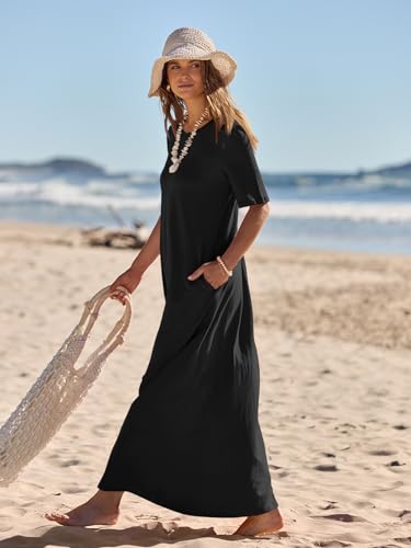 MEROKEETY Summer Maxi Dresses for Women 2026 Vacation Spring Casual Short Sleeve Basic Long T Shirt Dress Pockets