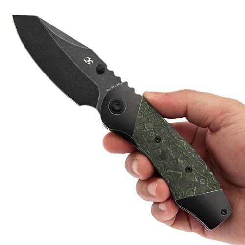 KANSEPT Caveman Pocket Knife, 3.57"Blackwash CPM 20CV Blade, Jungle Wear Carbon and Black Titanium Handle with Thumb stud,...