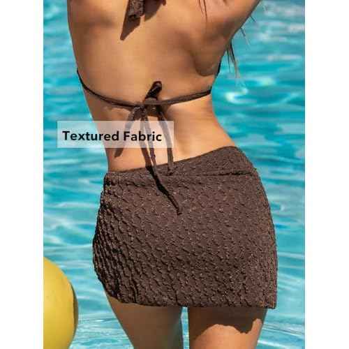 CUPSHE Women's Bikini Sets Three Piece Swimsuit V Neck Textured Halter Back Self Tie Twist Sarong Low Rise