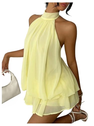 Verdusa Women's Chiffon Halter Drop Waist Wedding Guest Dresses Ruffle Summer Mini Dress Brunch Outfits