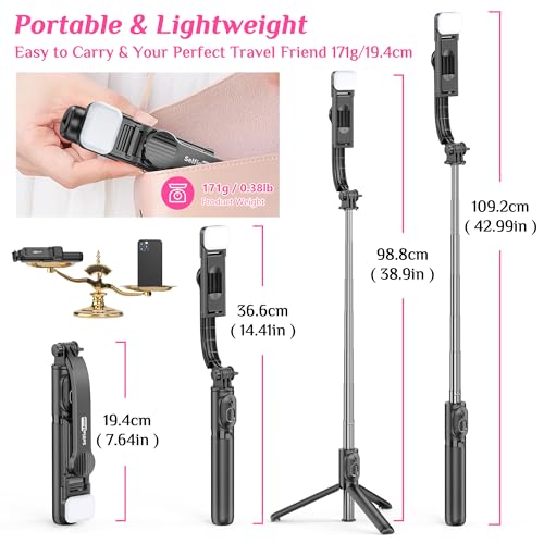 Selfie Stick Tripod with Fill Light, All in One Extendable Selfie Stick with Detachable Wireless Remote, Flexible Phone Tr...