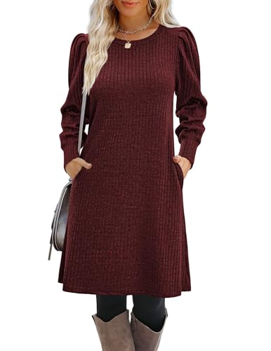 Zeagoo Women's Knit Dress with Puff Sleeves for Fall & Winter - Round Neck Casual Tunic Dress