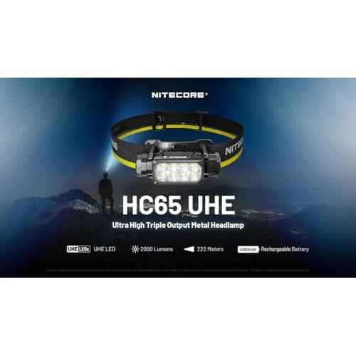 Nitecore HC65 UHE Headlamp, 2000 Lumen Max Heavy Duty Metal, USB-C Rechargeable with White, Red, and Reading Lights for Camping, Hiking, Hunting, and Industrial Works with LumenTac Organizer (Black)