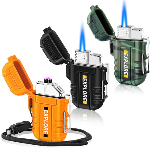 LcFun 3 Pack Waterproof Lighter Windproof Torch Lighters Butane Refillable, Electric Dual Arc Lighters USB Rechargeable Fl...