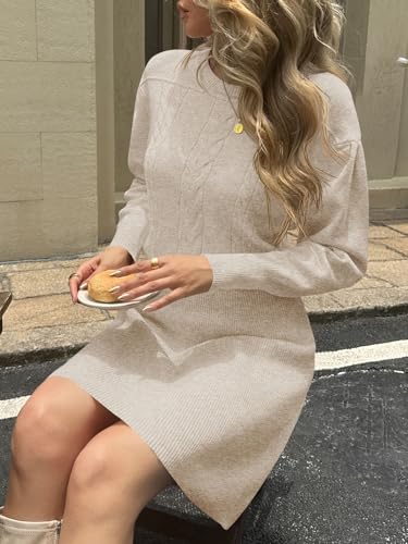 Saodimallsu Womens Puff Long Sleeve Sweater Dress Cable Knit A Line Crew Neck Fall Casual Flare Mini Dresses